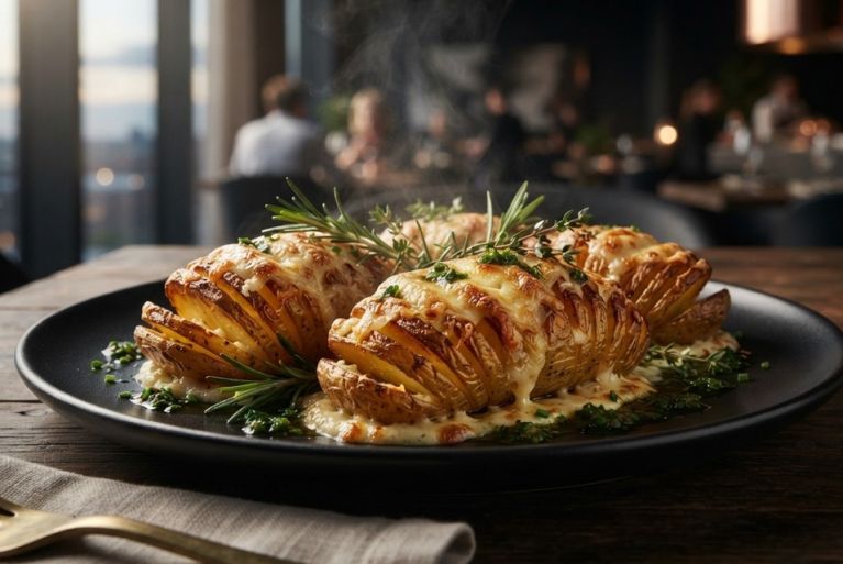 Papa Hasselback con crema de ajo asado, parmesano y aceite de hierbas